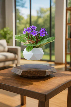 Levitating – Floating Flower Pot with Wood Base | أصيص زهور عائم بقاعدة خشبية